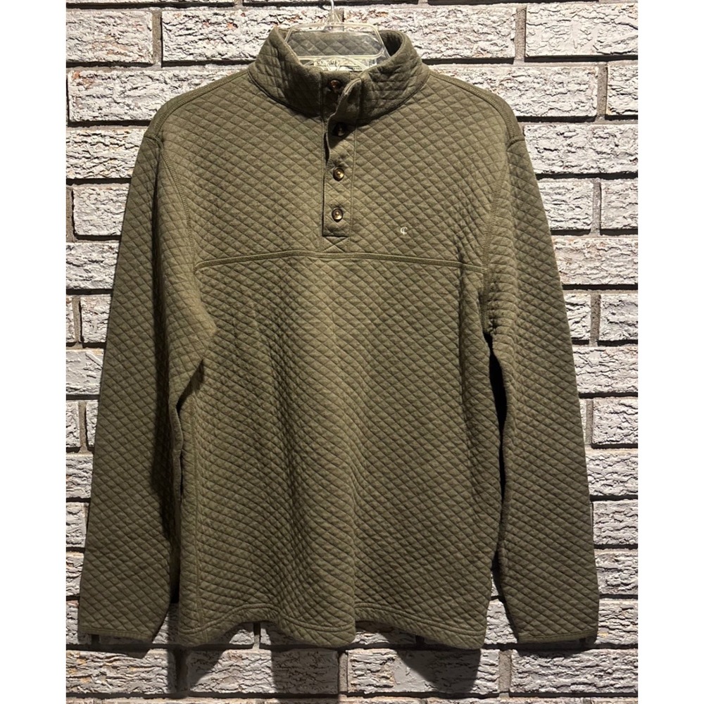 Criquet Shirts Mens Quilted Pullover Olive Green Button Neck Sweatshirt Small